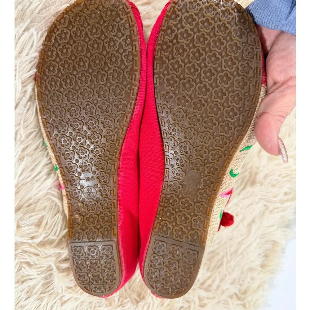 Vintage Chinese Embroidered Floral Mary Jane Flats Red Canvas Linen EU 40 US 8